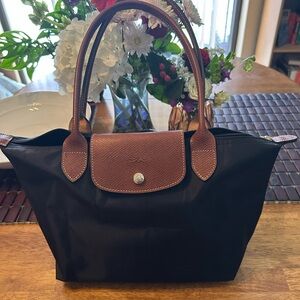 Longchamp Le Pliage Black and Brown Medium Tote Bag